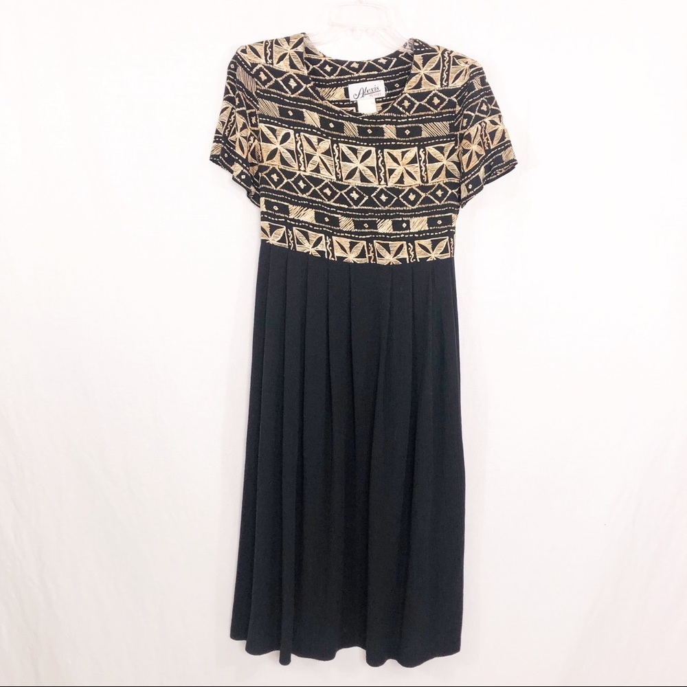 Alexis Vintage Tribal Calf Length Midi Dress, Size 4P, Brown Black